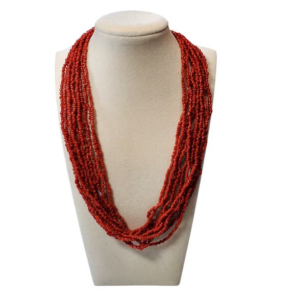 Vtg Multi Strand Coral Color Seed Bead Necklace 18" Statement MCM - Picture 1 of 4